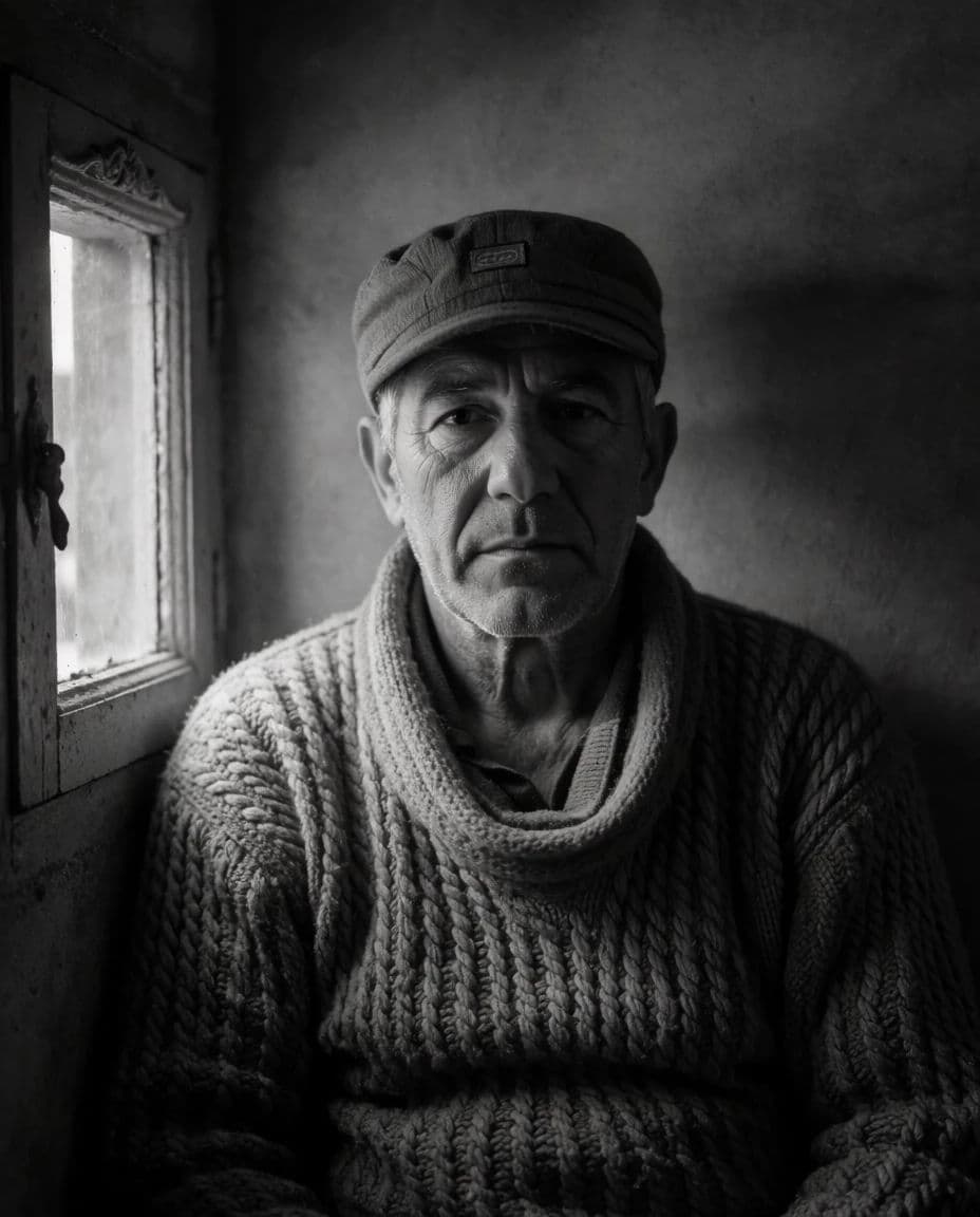 Black and white portrait of an older man lit by a single window with deep shadow on one side, generated with Krea 2 Medium