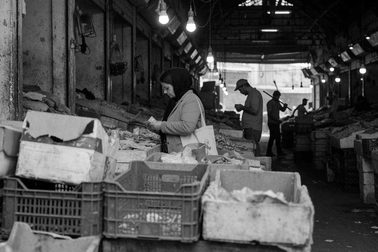Black and white documentary photograph of a market with several people at different distances, generated with Krea 2 Medium