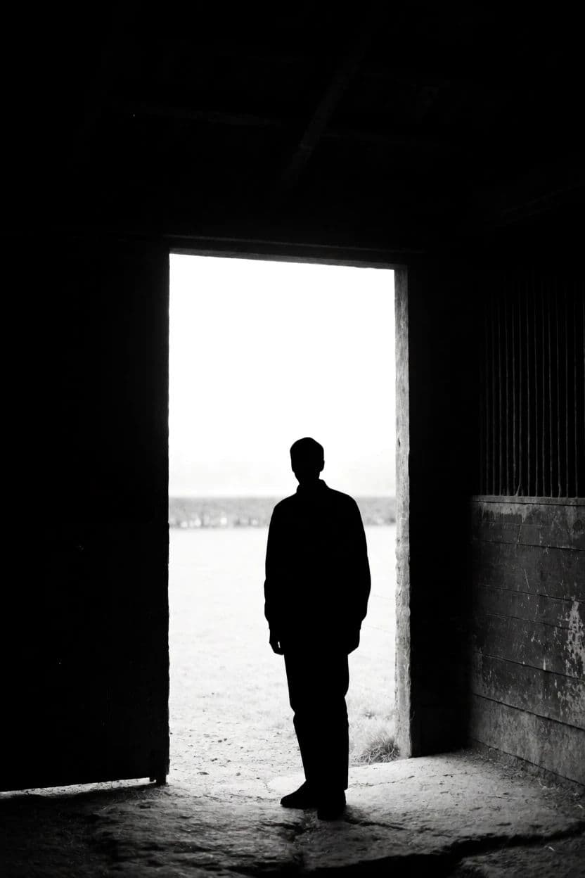 Black and white silhouette of a figure in a doorway against a bright exterior, generated with Krea 2 Medium
