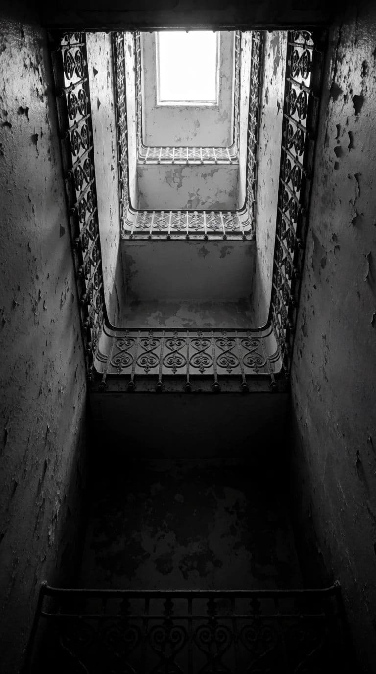 Black and white photograph of a stairwell shaft looking up towards a bright skylight, generated with Krea 2 Medium