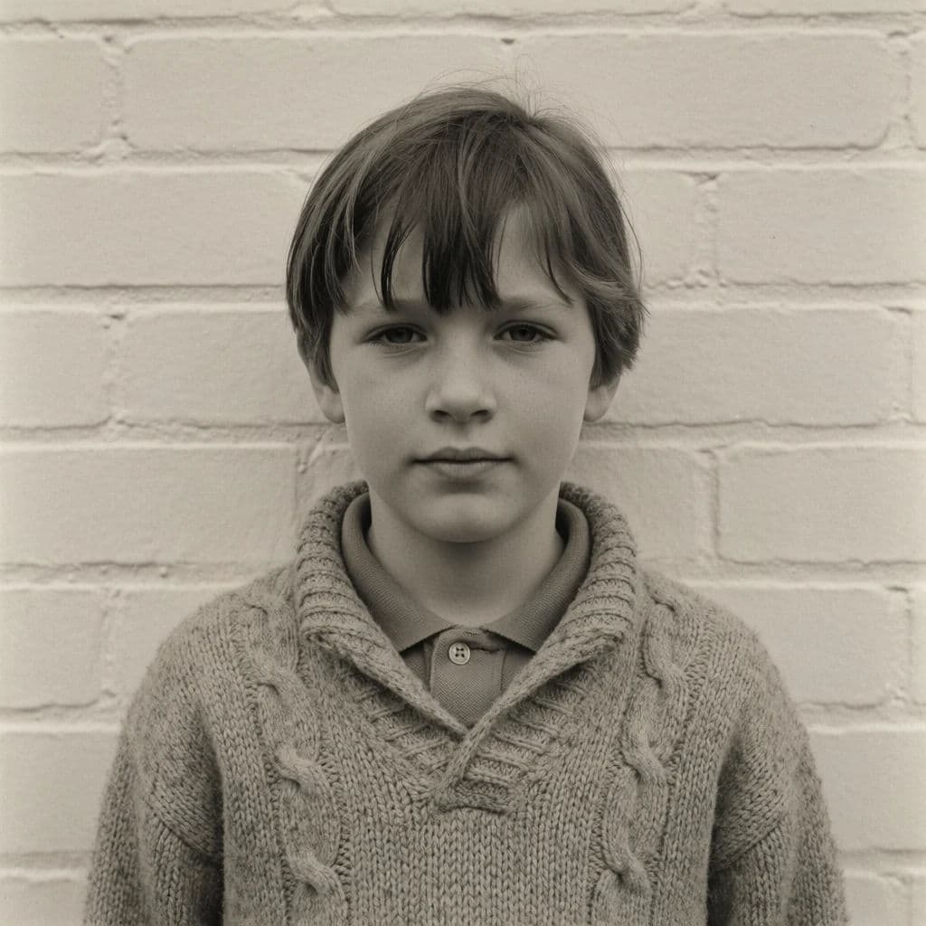 Black and white square portrait of a child looking directly at the camera in flat light, generated with Krea 2 Medium