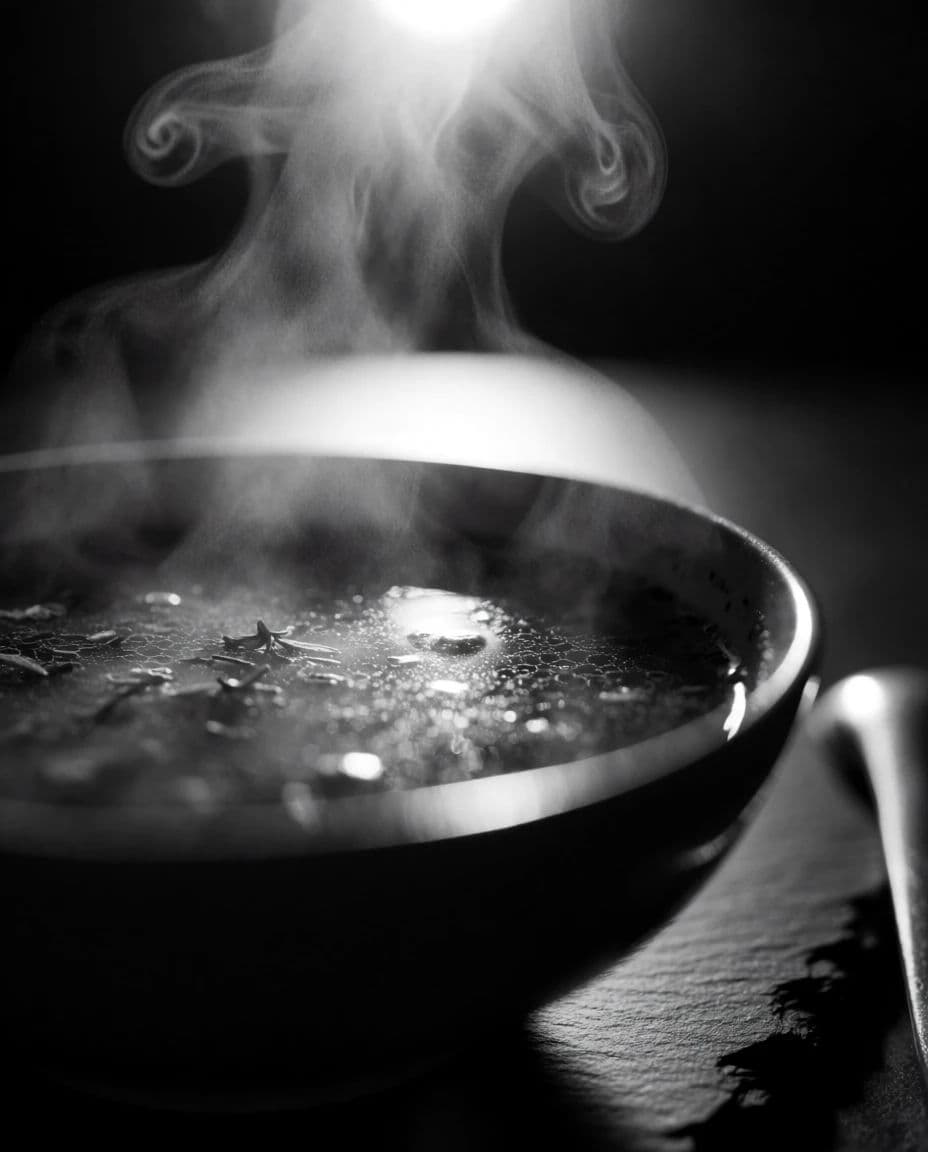 Black and white photograph of a plate of food lit from behind to separate steam, generated with Krea 2 Medium