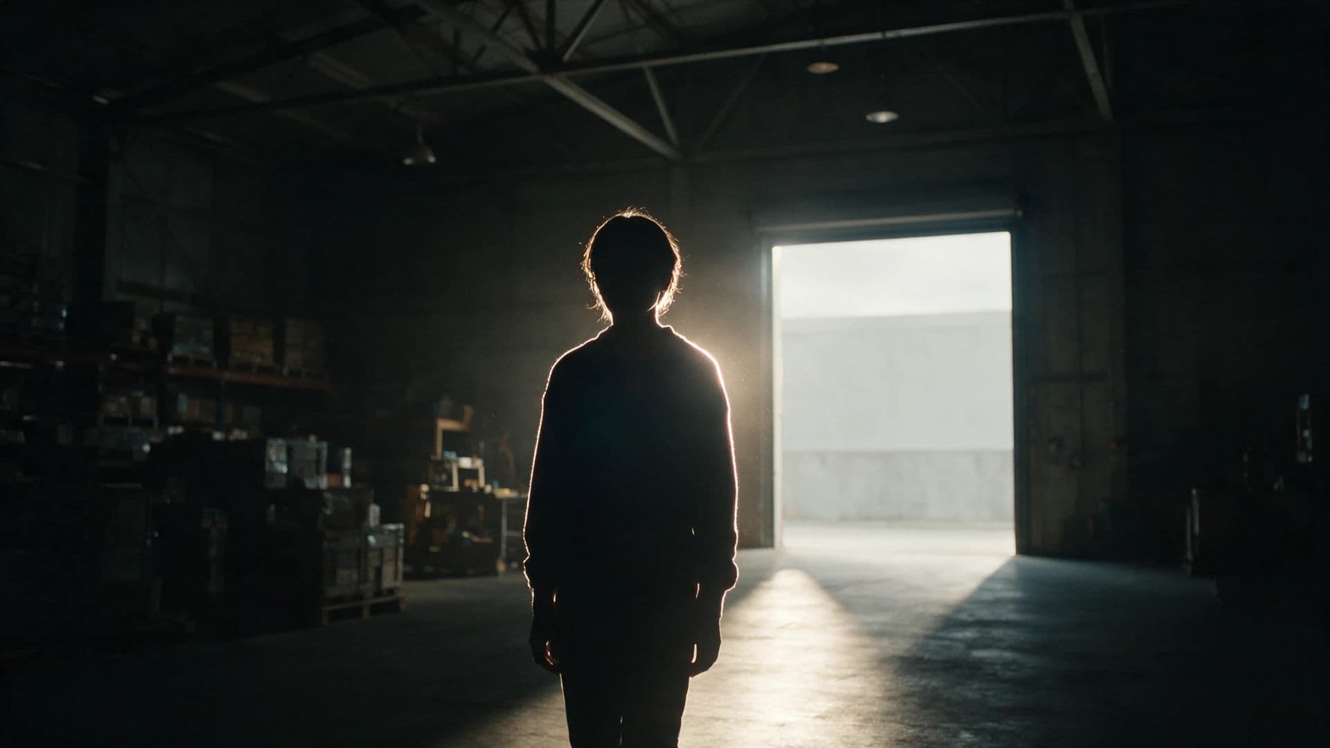 Wide cinematic frame with a figure rim-lit against a dark interior by a doorway behind, generated with Seedream 5.0 Pro