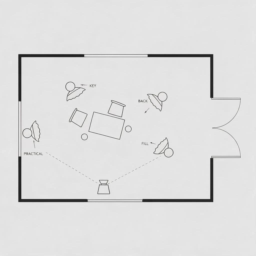 Overhead lighting plan drawn as a top-down diagram of a set with lamp positions, generated with Seedream 5.0 Pro