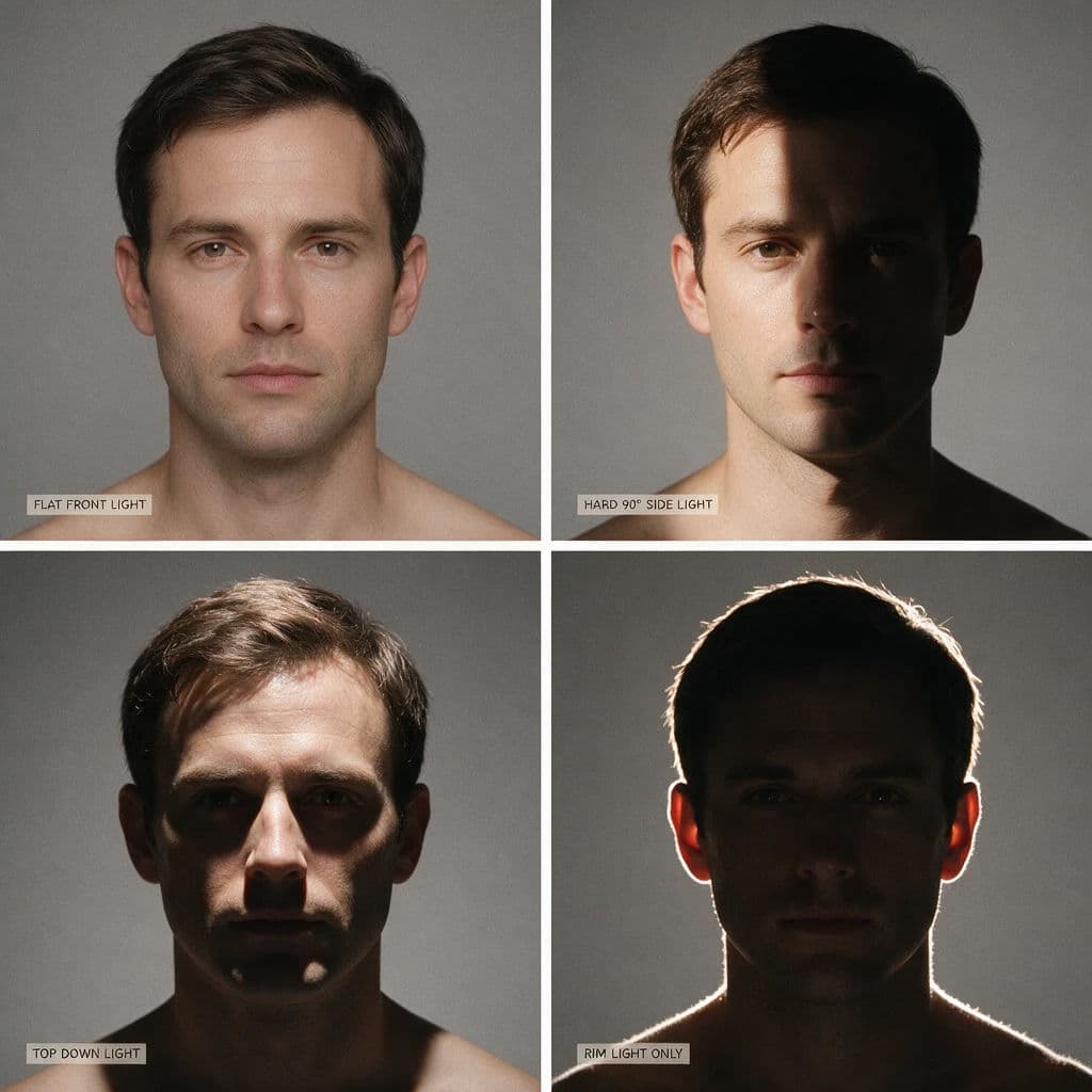 Four-panel comparison of the same face lit four different ways, generated with Seedream 5.0 Pro