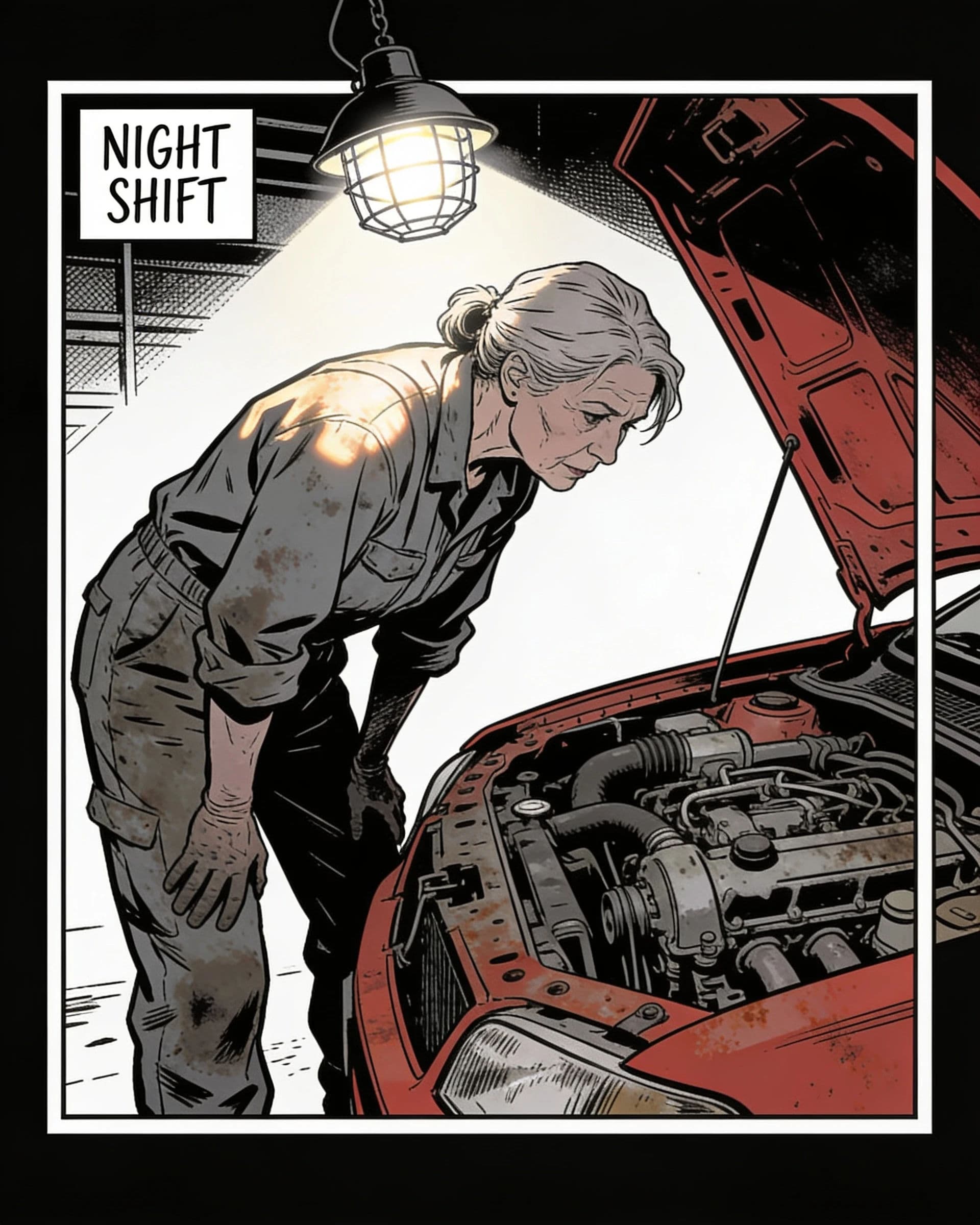 Inked comic panel of a mechanic under a caged work lamp with a caption box reading NIGHT SHIFT, generated with Seedream 4.5