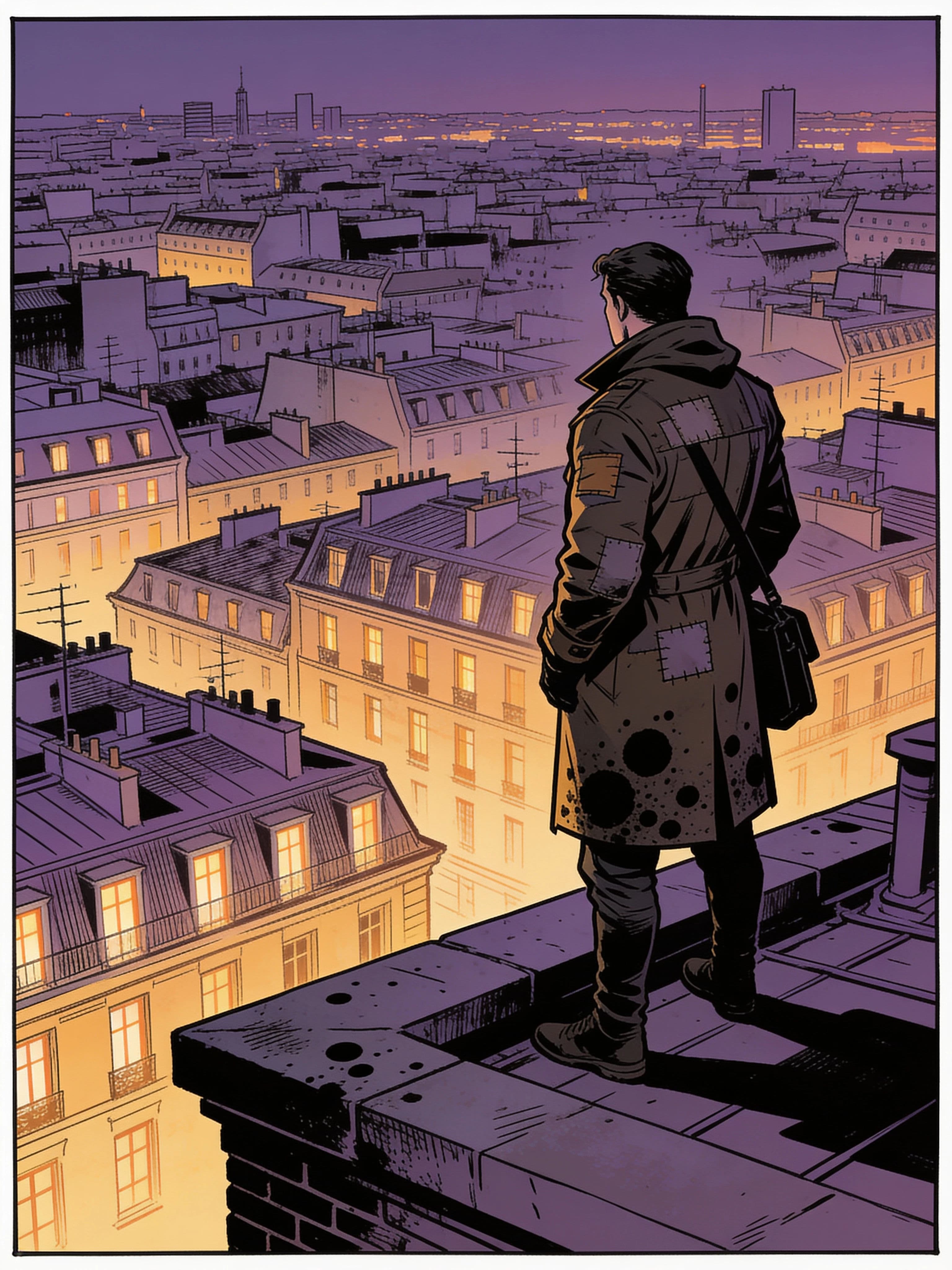 Full-page comic splash of a figure standing on a rooftop above a city at dusk, generated with Seedream 4.5