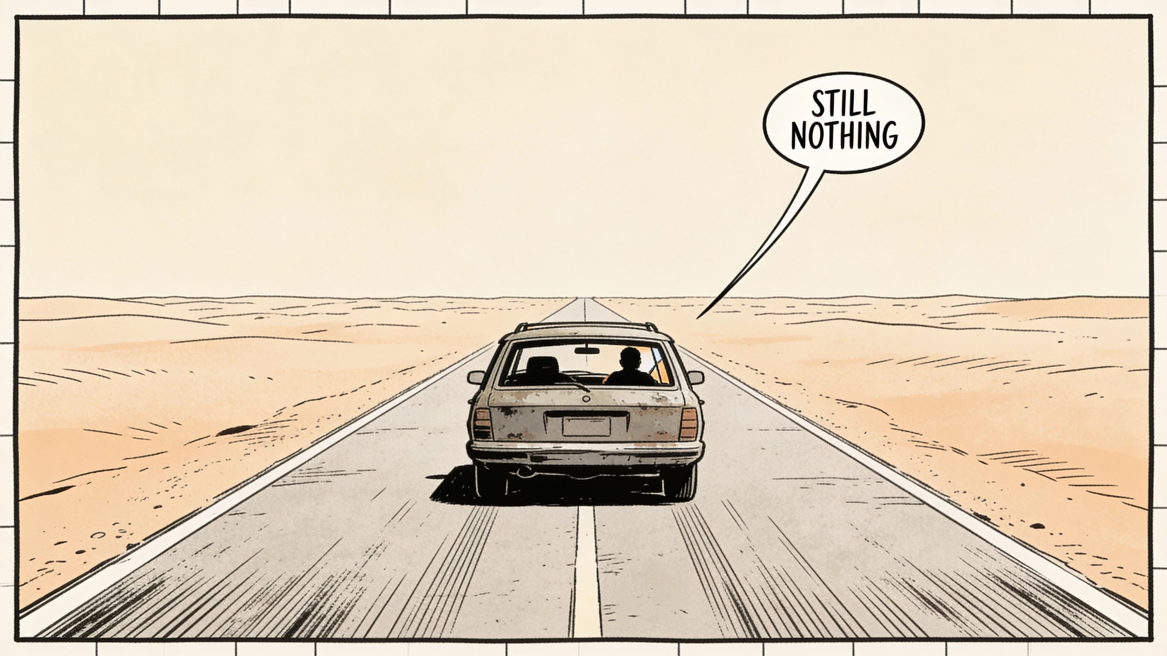 Wide letterboxed comic panel of a car on an empty desert road with a small speech balloon, generated with Seedream 4.5