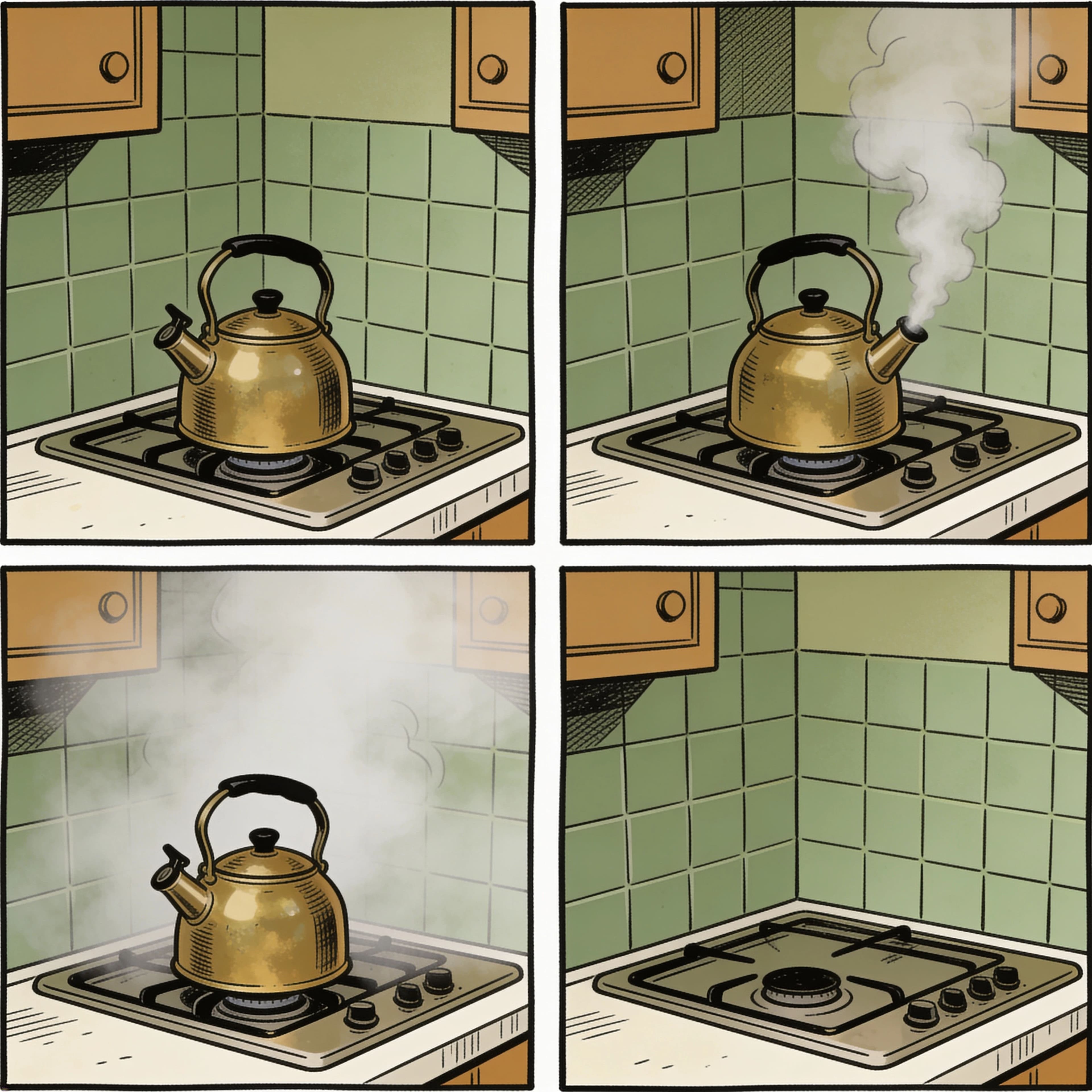 Four-panel comic grid showing a short silent sequence of a kettle boiling, generated with Seedream 4.5