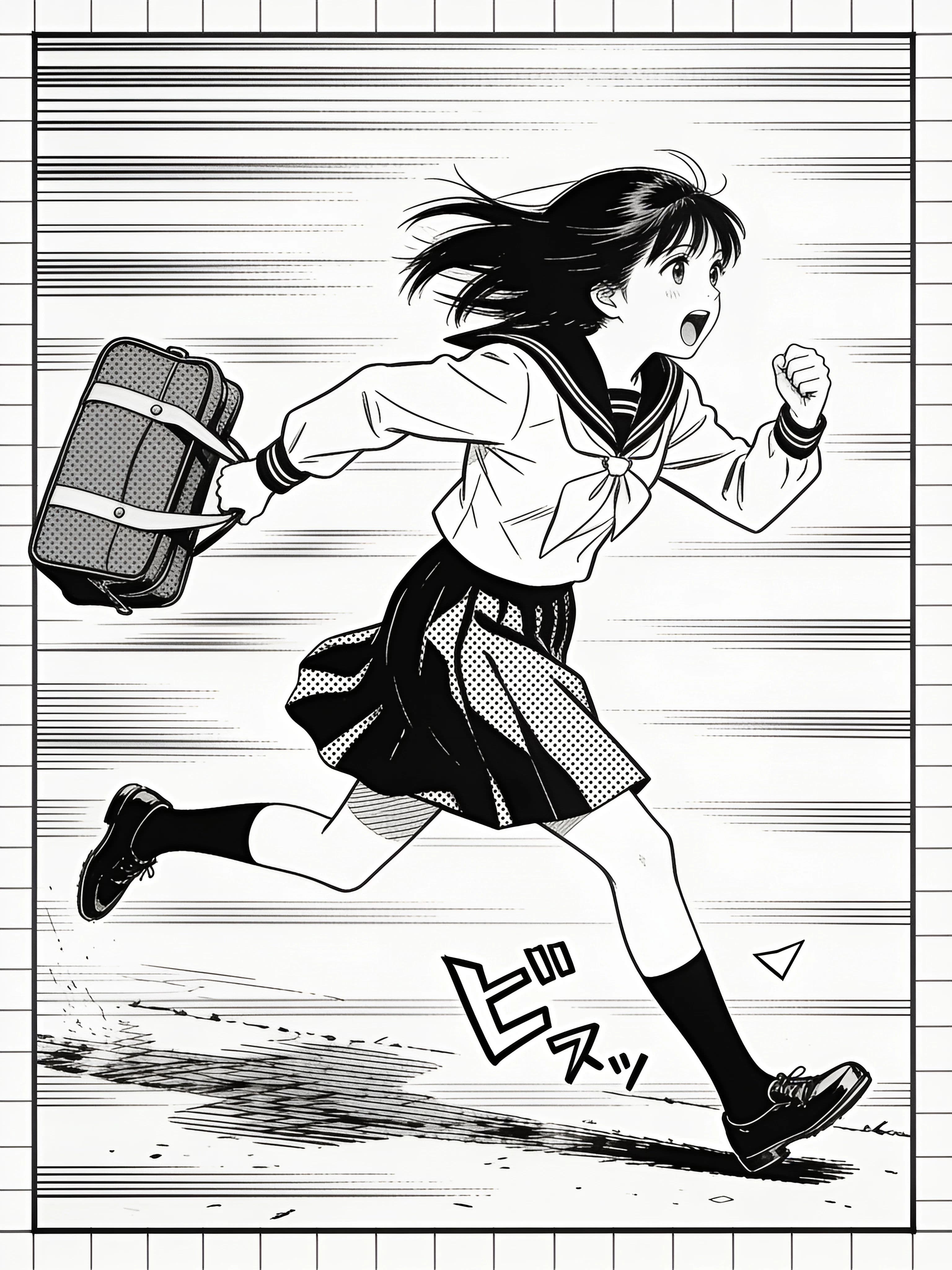 Manga-style comic panel with screentone shading and speed lines behind a running girl, generated with Seedream 4.5