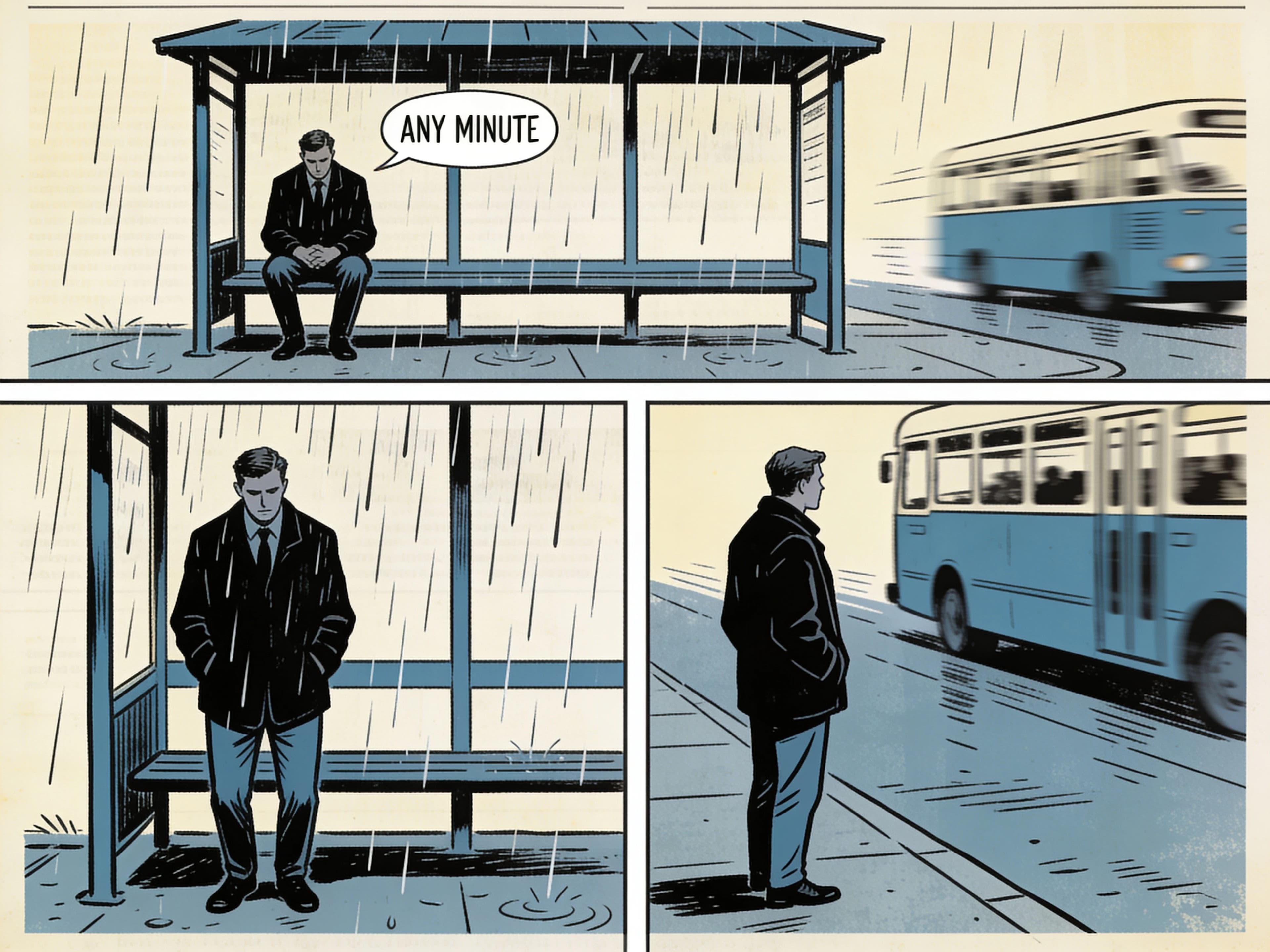 Newspaper strip of three panels with a small joke and hand lettering, generated with Seedream 4.5