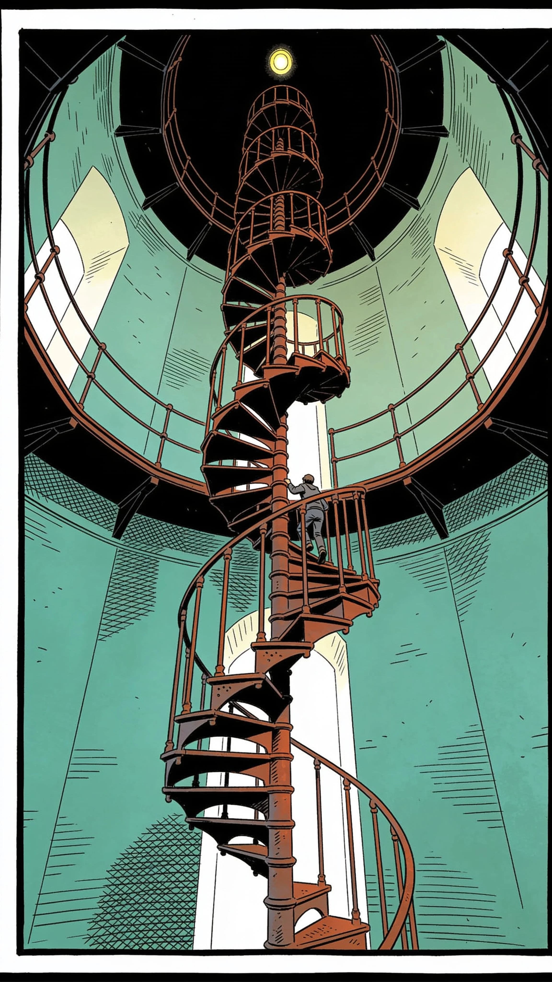 Tall vertical comic panel of a lighthouse stair with a figure climbing, generated with Seedream 4.5