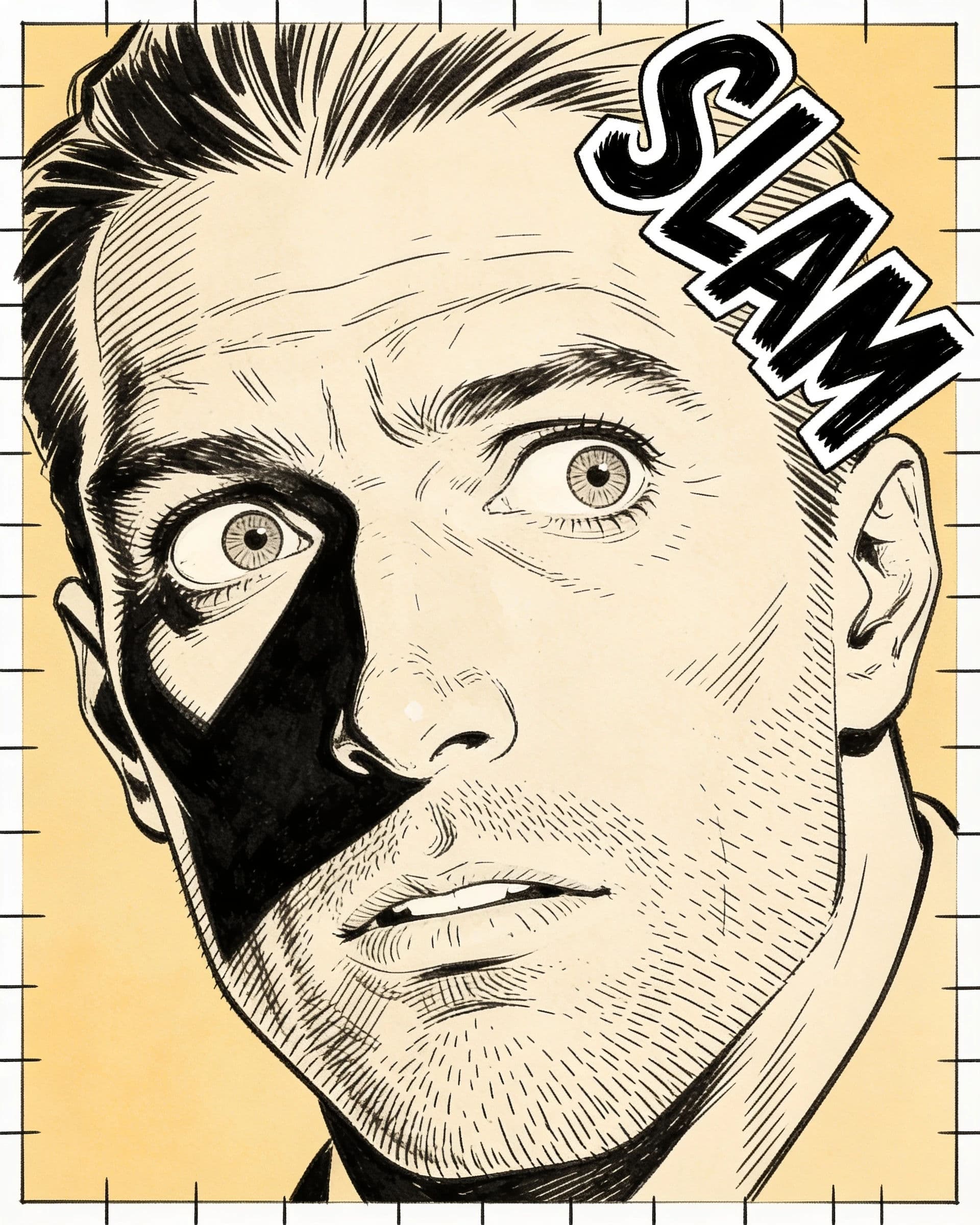 Comic panel of a close reaction shot with a large hand-drawn sound effect across it, generated with Seedream 4.5