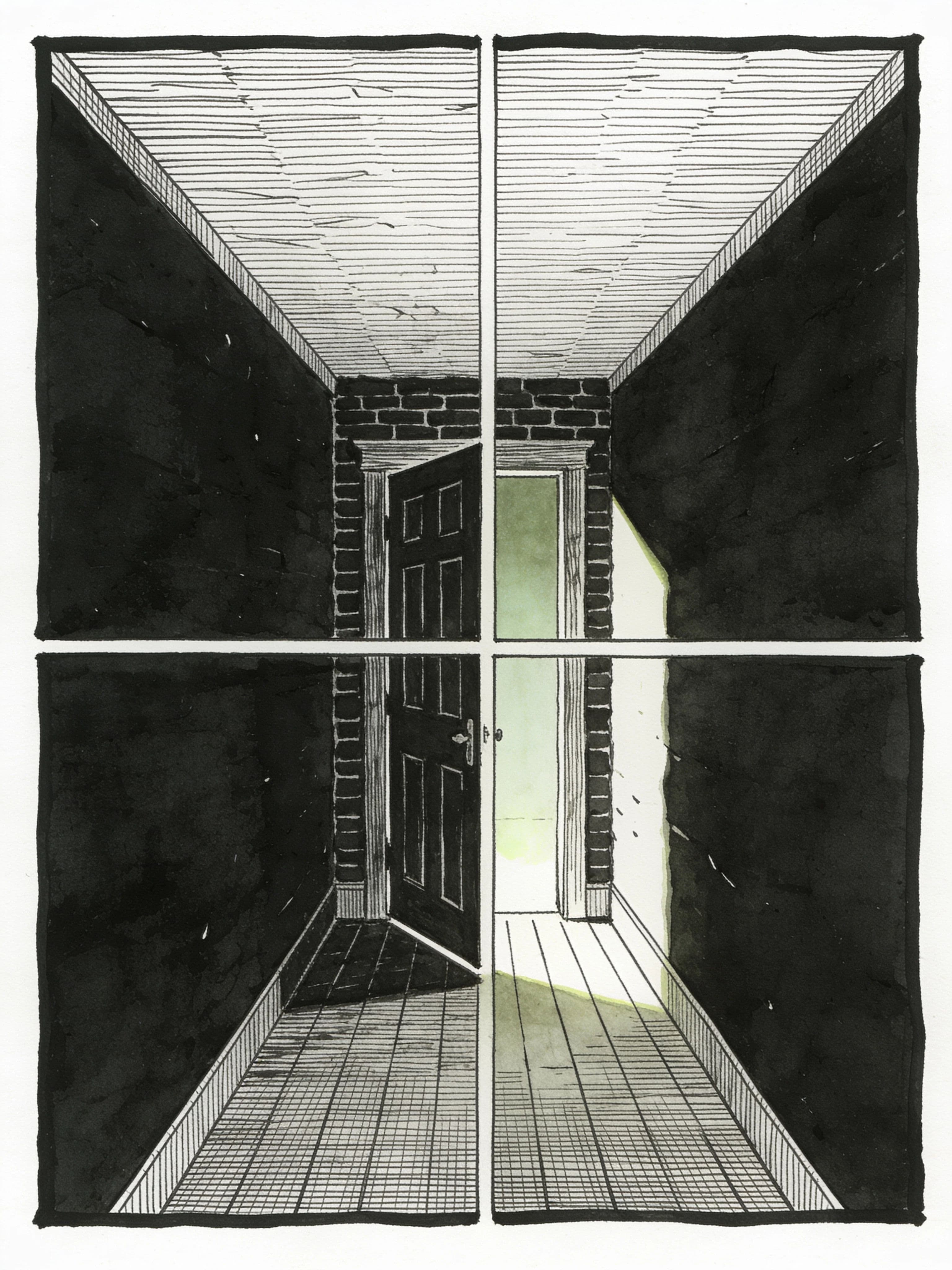 Horror comic panel with heavy black spotting and a single small figure, generated with Seedream 4.5