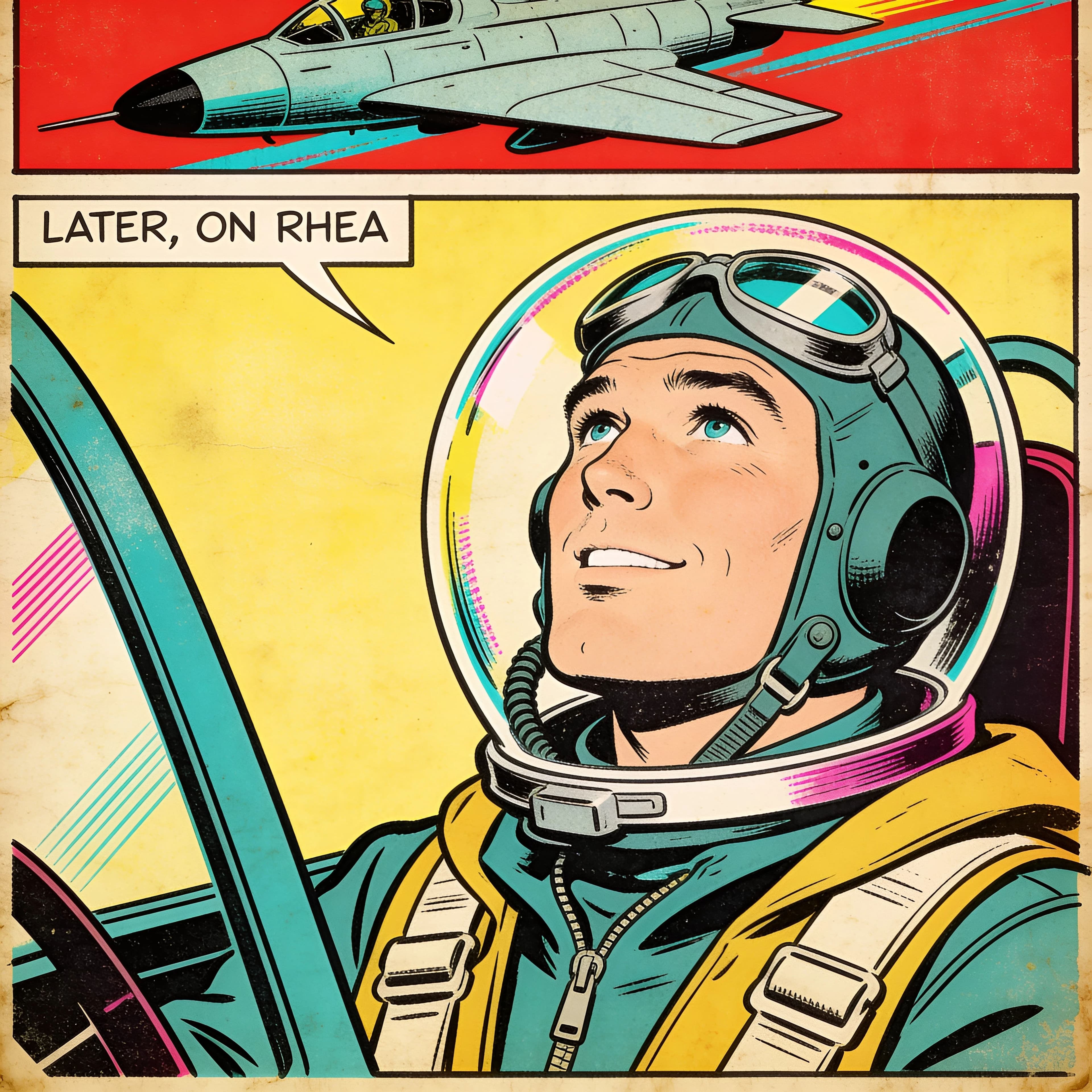 Comic panel in a retro printed style with visible dot screen and off-register colour, generated with Seedream 4.5