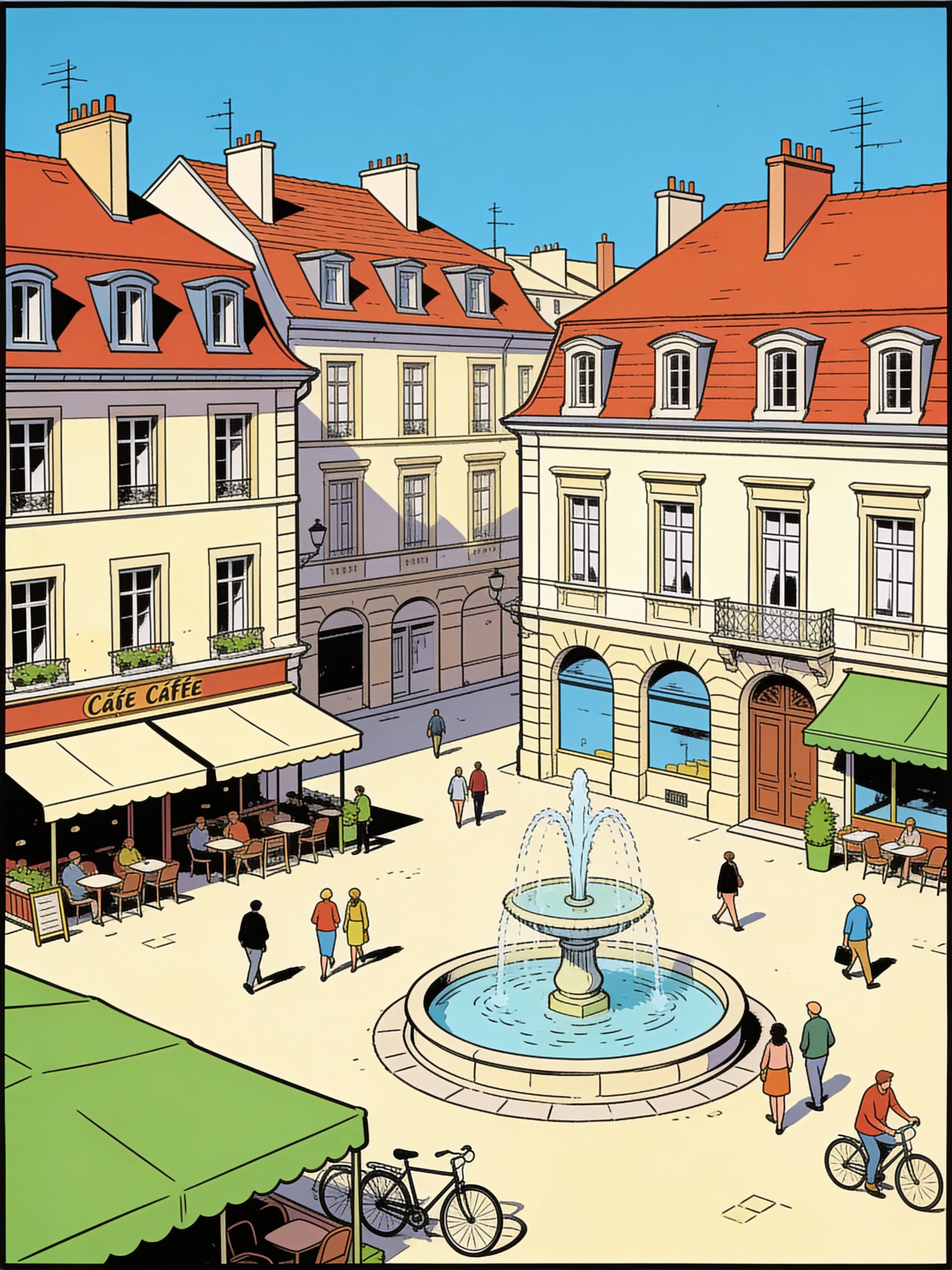 European-style clear line comic panel of a town square with even detail throughout, generated with Seedream 4.5