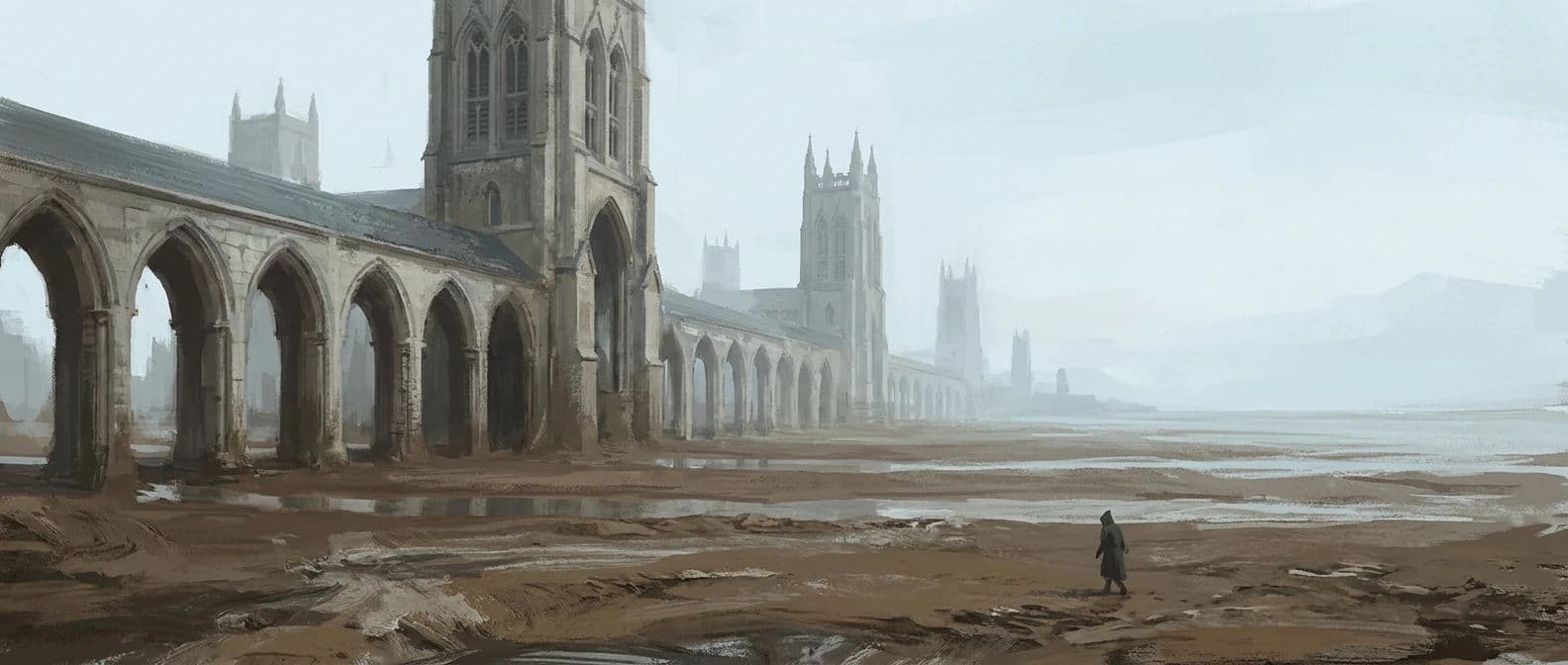 Ultra-wide environment key art of a flooded cathedral city with a small figure for scale, generated with Nano Banana Pro