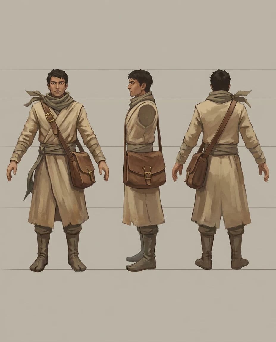 Character concept turnaround of a desert courier in three views on a shared baseline, generated with Nano Banana Pro