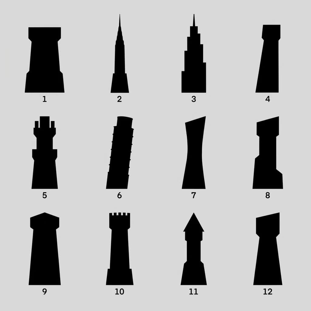 Grid of small black silhouette thumbnails exploring shapes for a tower, generated with Nano Banana Pro