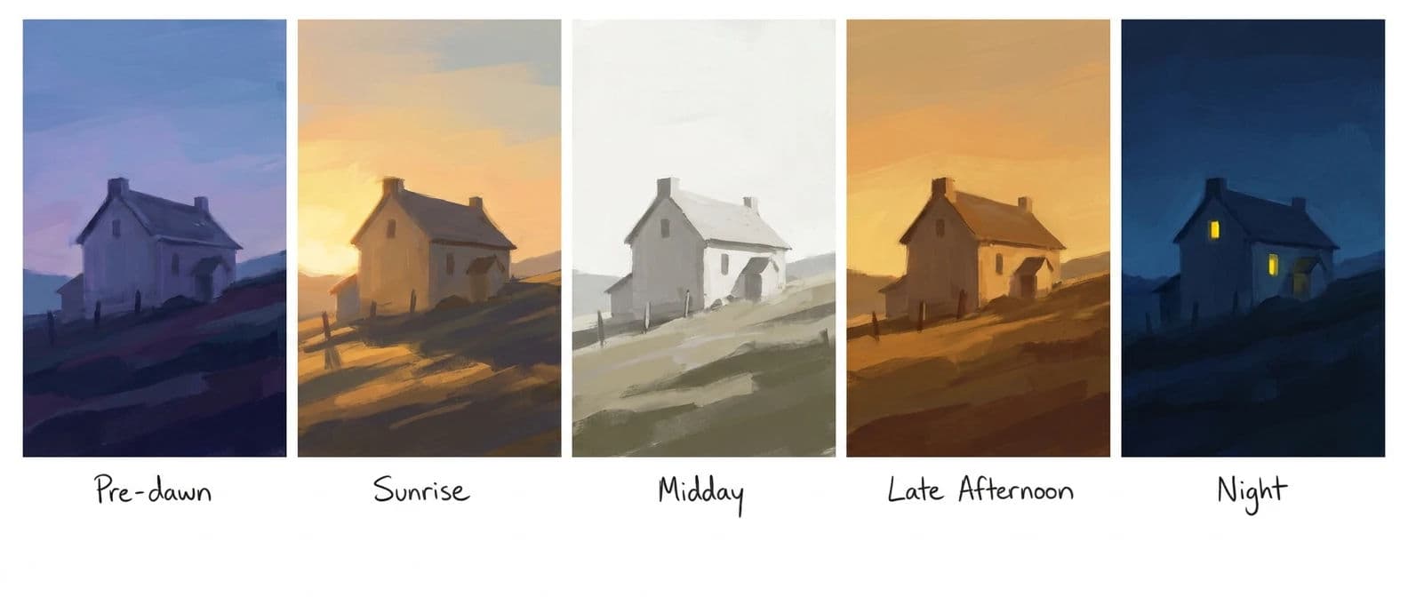 Row of small colour key thumbnails showing one location across five times of day, generated with Nano Banana Pro