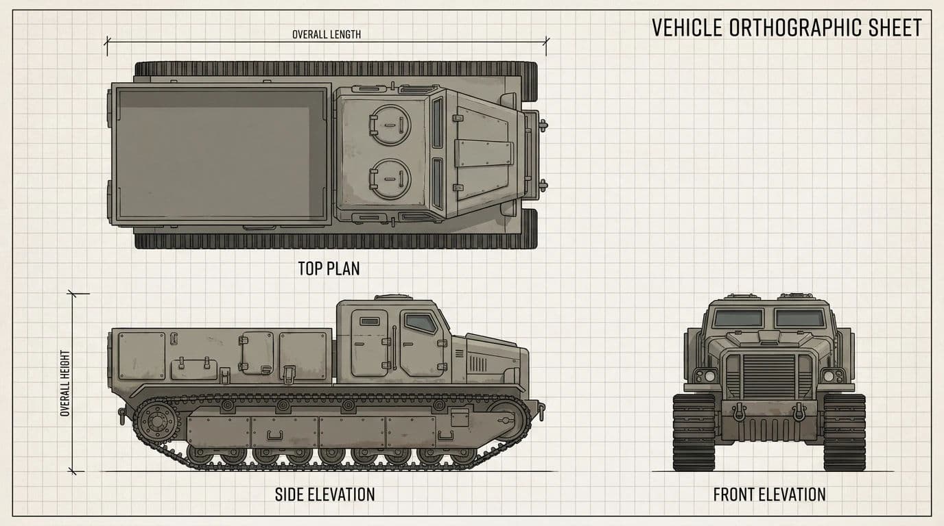 Vehicle orthographic drawing showing side, front and top views of a tracked hauler, generated with Nano Banana Pro