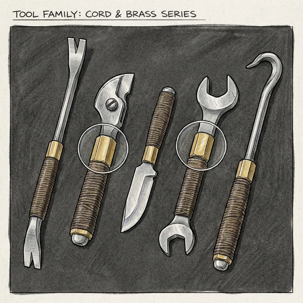 Weapon and tool sheet showing a family of related hand tools, generated with Nano Banana Pro
