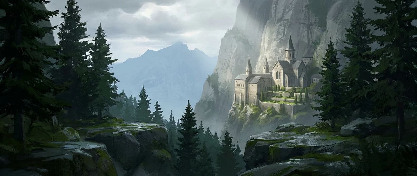 Ultra-wide establishing concept of a mountain monastery seen across a valley, generated with Nano Banana Pro