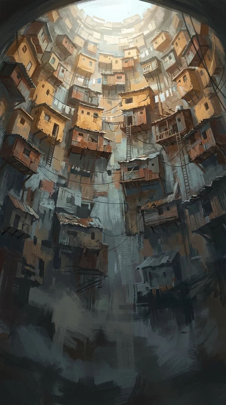 Tall concept art of a vertical city shaft with layers of dwellings, generated with Nano Banana Pro