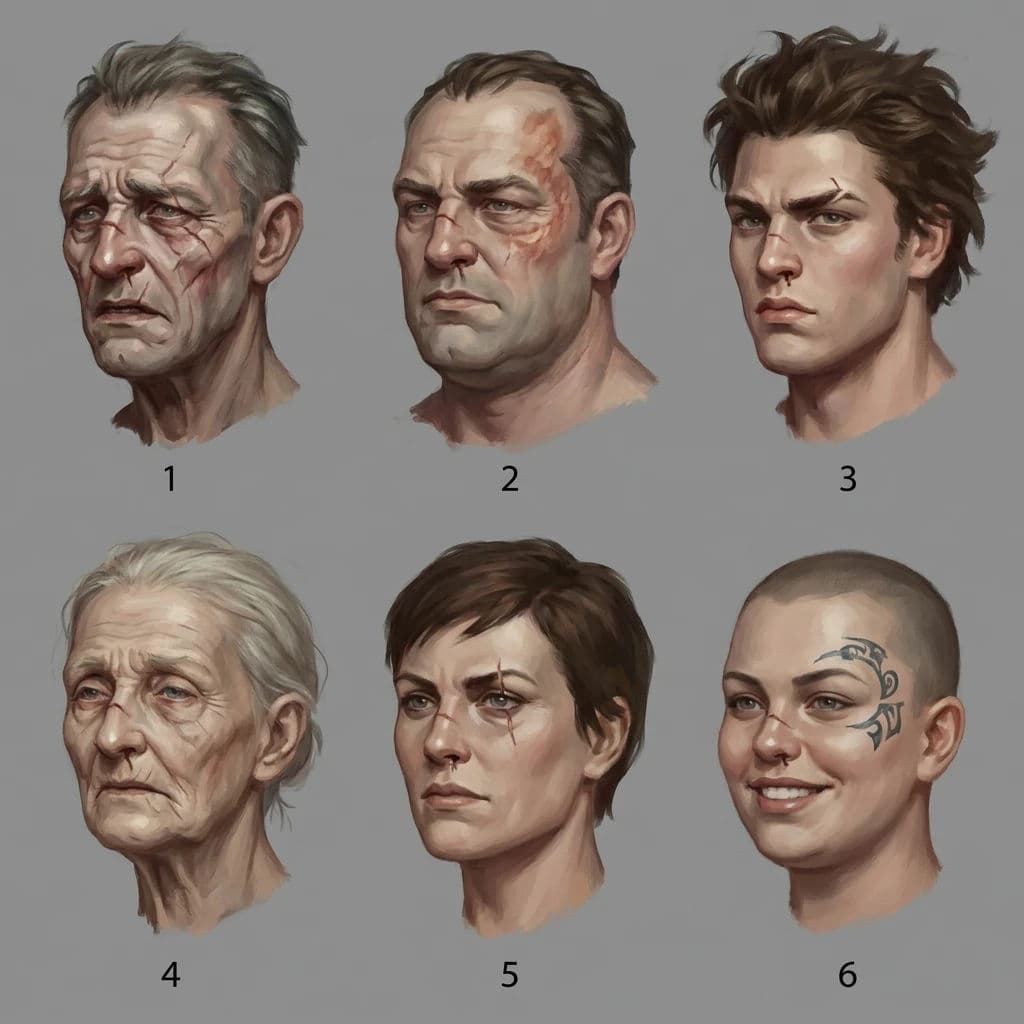 Head study sheet showing six variations of one character's face, generated with Nano Banana Pro