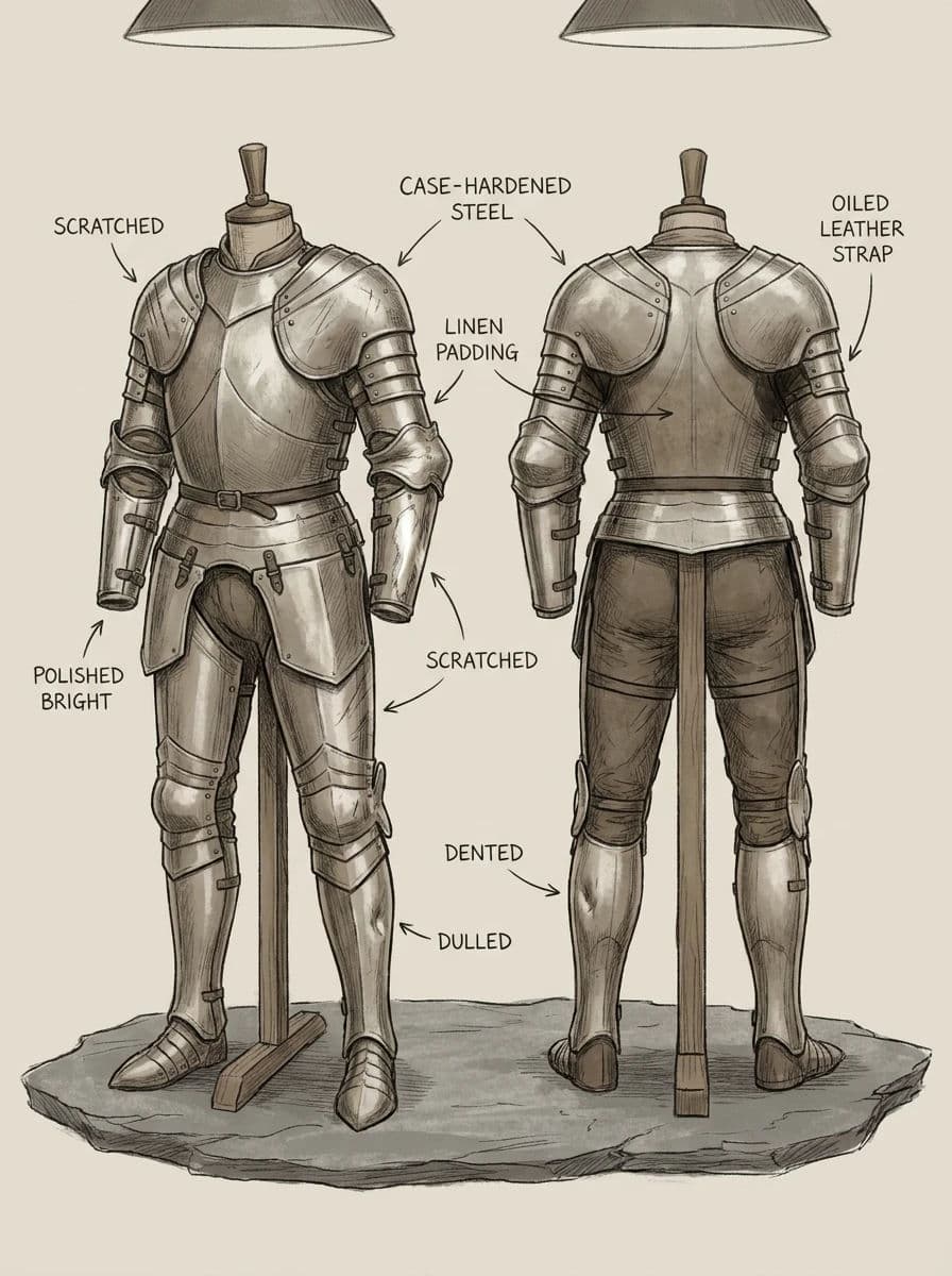 Concept art of a suit of working armour shown front and back with wear patterns, generated with Nano Banana Pro
