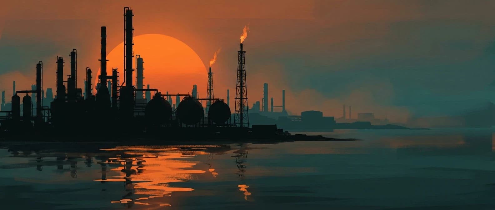Ultra-wide concept art of an industrial coastline at dusk with layered silhouettes, generated with Nano Banana Pro