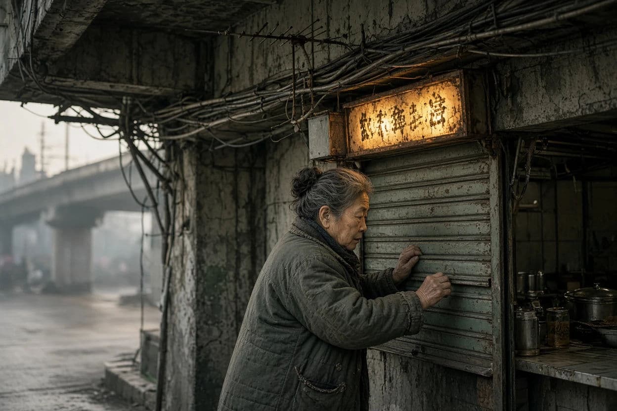 Cyberpunk street photograph at dawn of a noodle vendor closing a stall under a concrete overpass, generated with Grok Imagine Image 2