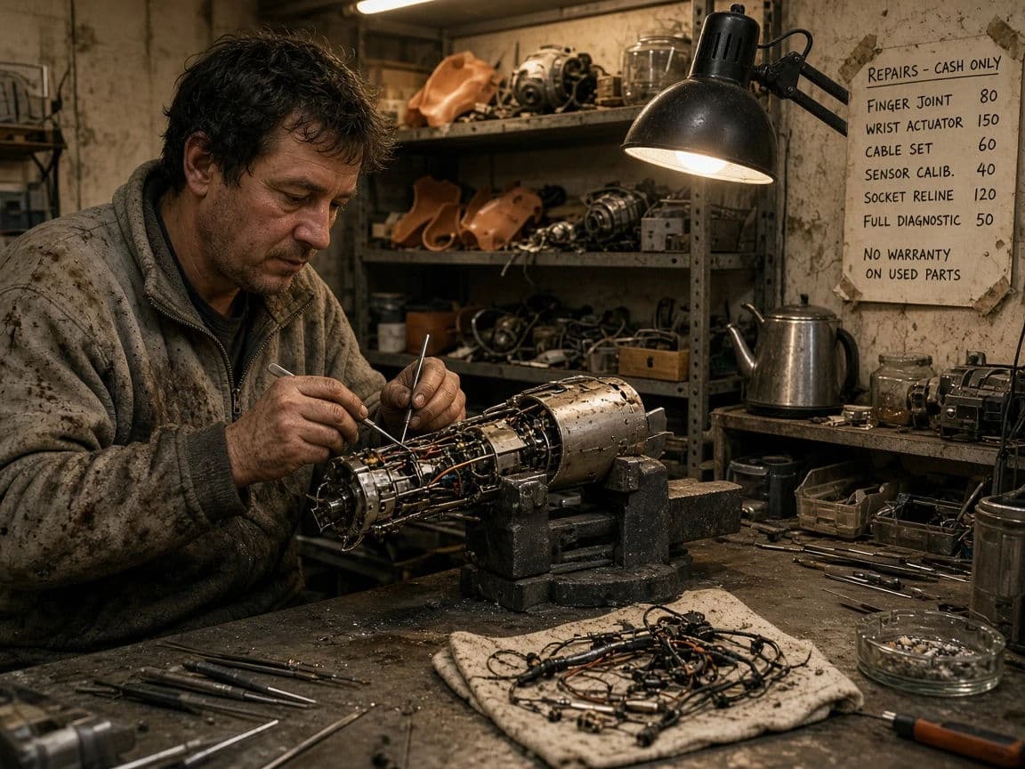 Cyberpunk interior of a cramped repair workshop with prosthetic limbs on the bench, generated with Grok Imagine Image 2