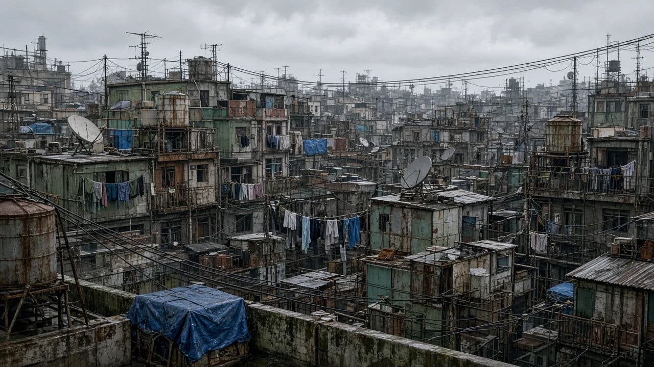 Wide cyberpunk cityscape in flat daylight showing dense infrastructure and no neon, generated with Grok Imagine Image 2