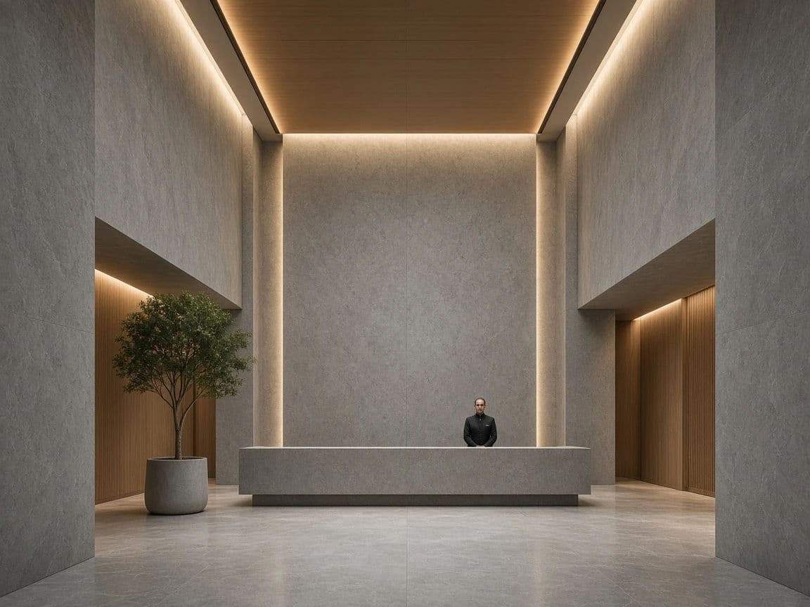 Cyberpunk corporate lobby with expensive minimal materials and a security desk, generated with Grok Imagine Image 2