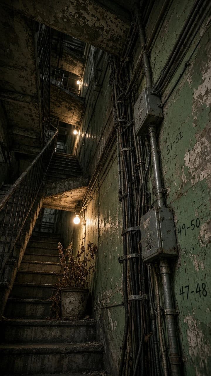 Vertical cyberpunk frame of a stairwell in a residential tower with cabling run up the wall, generated with Grok Imagine Image 2