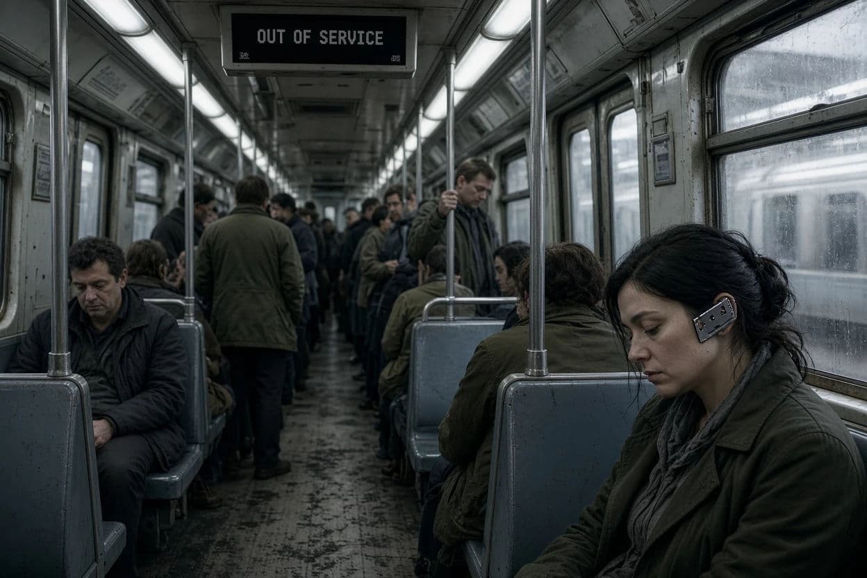 Cyberpunk transit interior on a crowded commuter train in ordinary light, generated with Grok Imagine Image 2