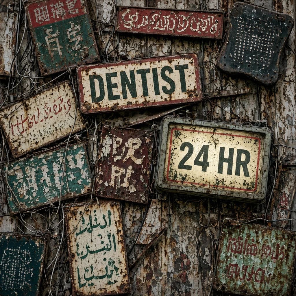 Cyberpunk close-up of a stack of mismatched signage in several languages on one wall, generated with Grok Imagine Image 2