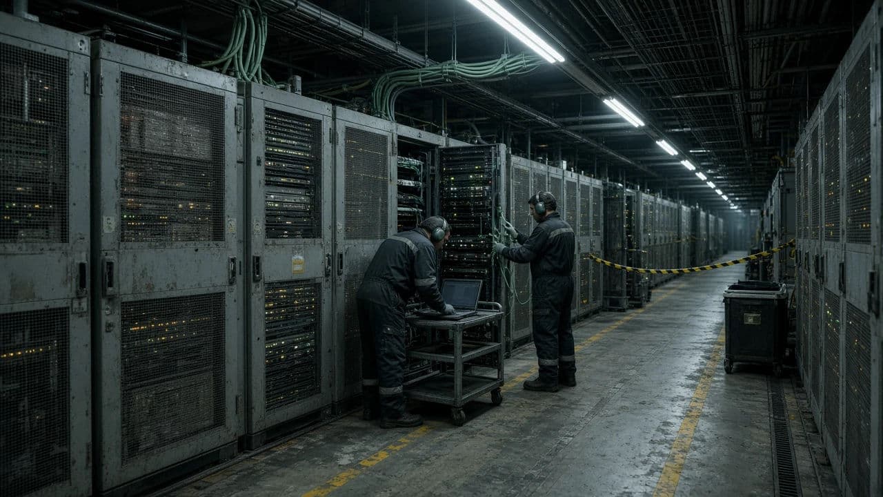 Cyberpunk industrial interior of a server hall with maintenance staff working, generated with Grok Imagine Image 2