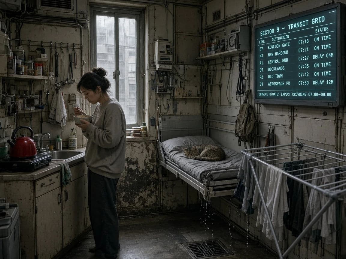 Cyberpunk domestic interior of a very small flat with technology built into every surface, generated with Grok Imagine Image 2