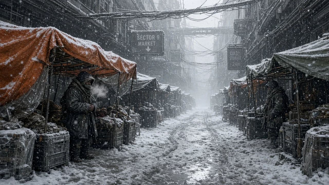 Cyberpunk exterior of a market street in heavy snow with muted colours, generated with Grok Imagine Image 2