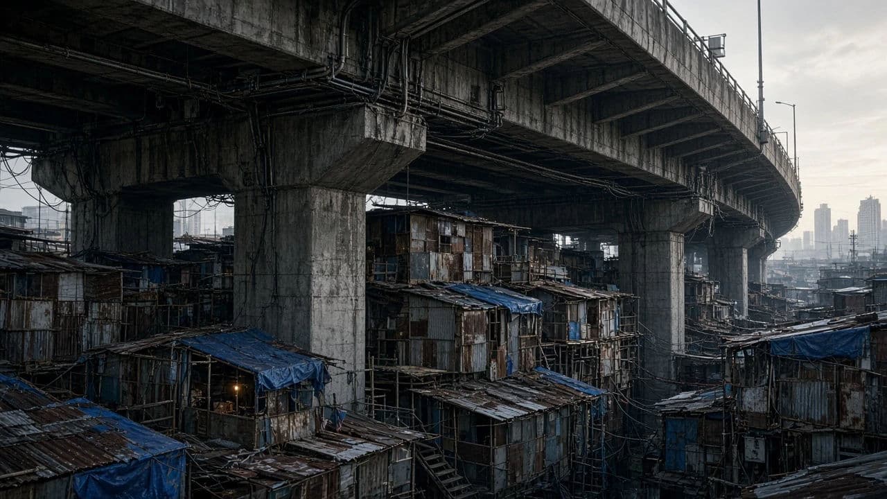 Cyberpunk view of an elevated motorway with informal housing built beneath it, generated with Grok Imagine Image 2