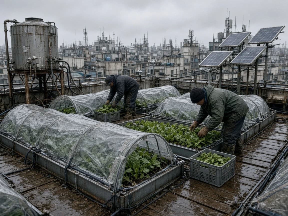 Cyberpunk exterior of a rooftop farm above a dense city under grey sky, generated with Grok Imagine Image 2