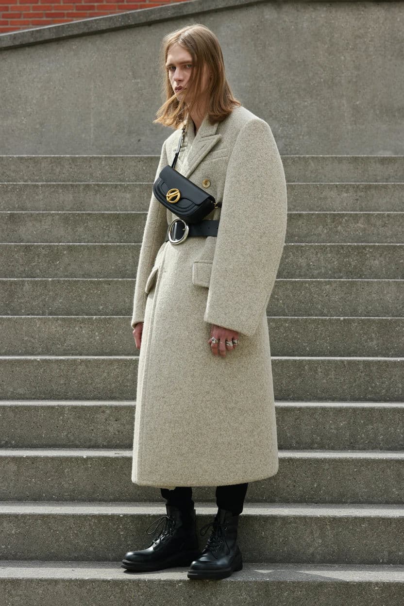Fashion editorial opener of a model in a heavy wool coat on a concrete stair in flat daylight, generated with Krea 2 Large