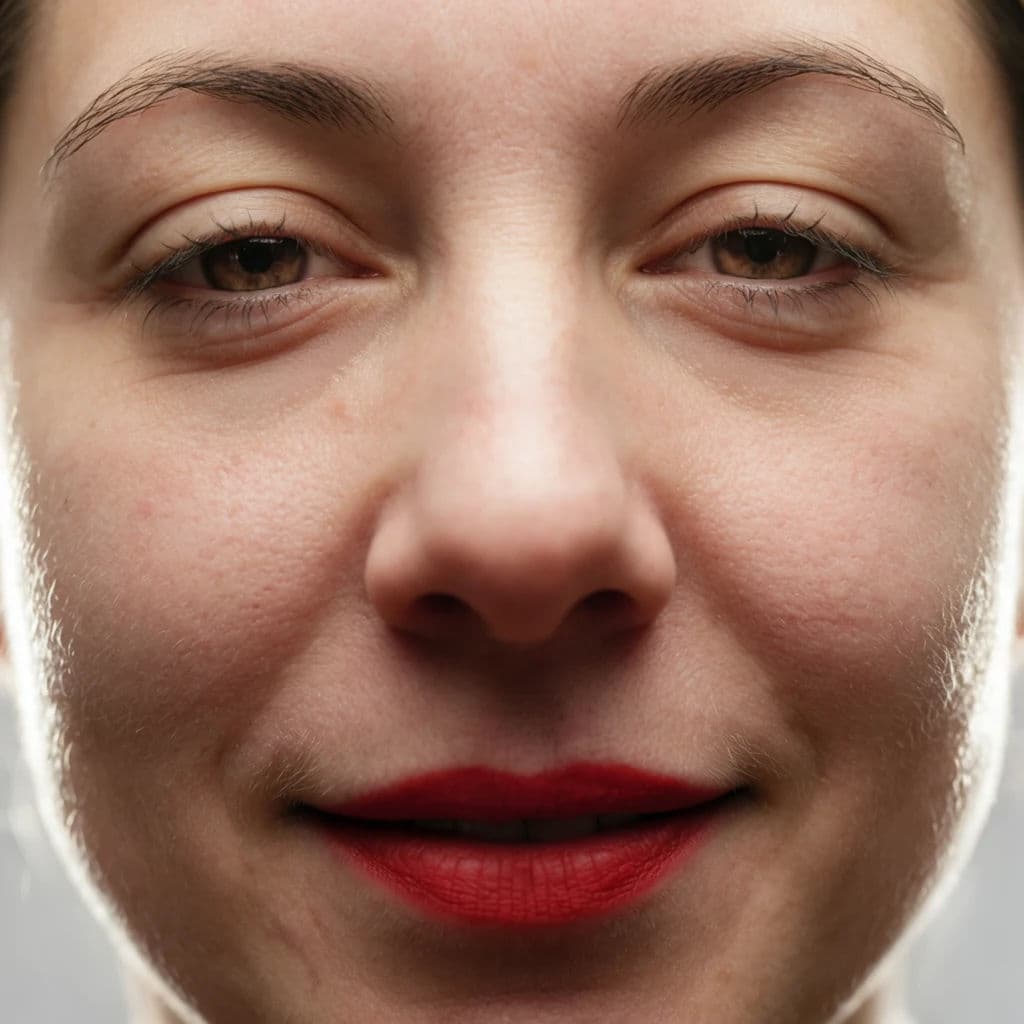 Beauty close-up showing skin texture and a single strong lip colour, generated with Krea 2 Large