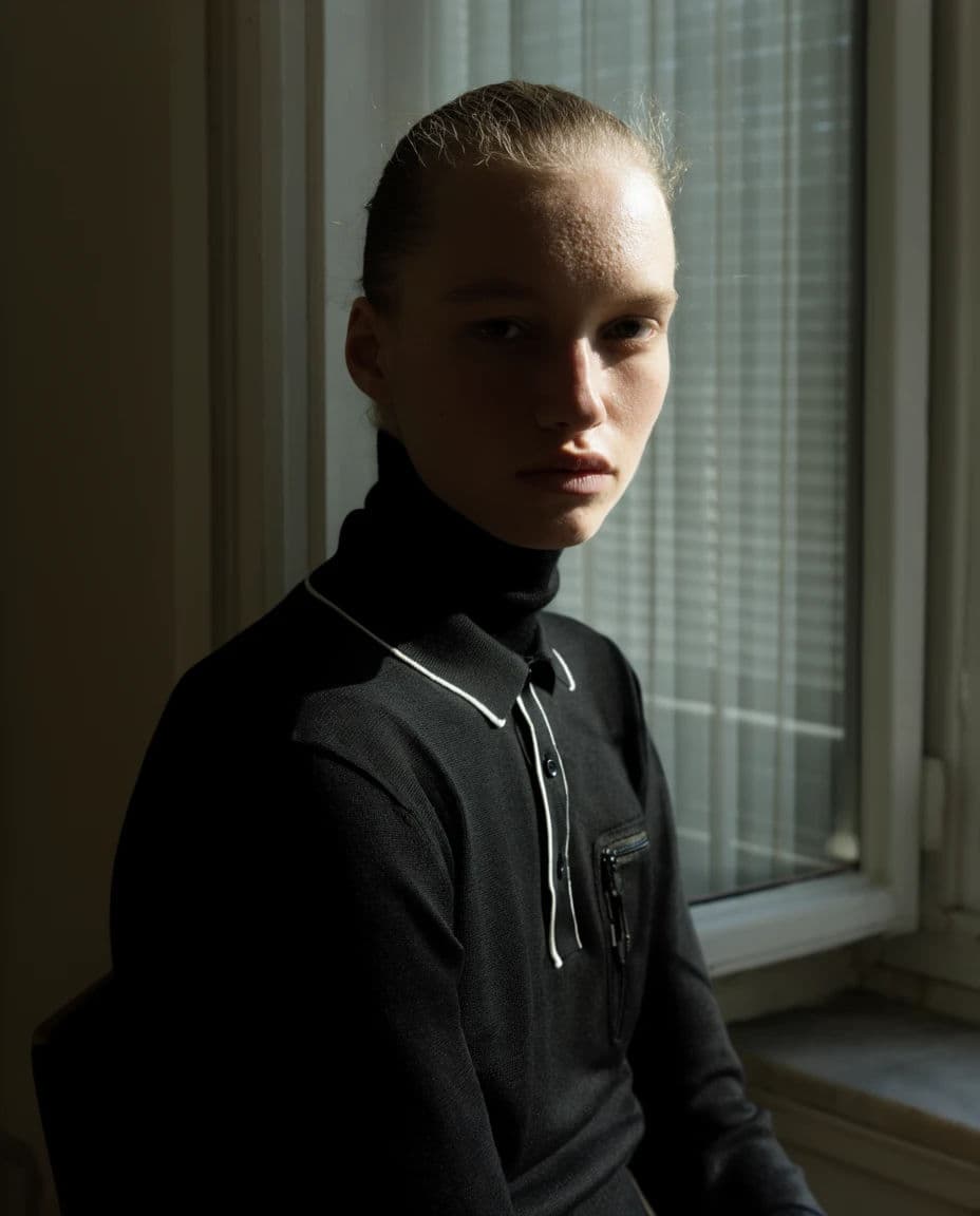 Fashion portrait lit by a single window with deep falloff into shadow on one side, generated with Krea 2 Large