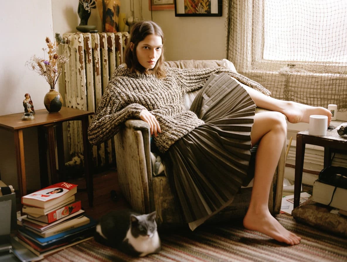 Fashion frame of a model seated in a domestic interior with real furniture, generated with Krea 2 Large