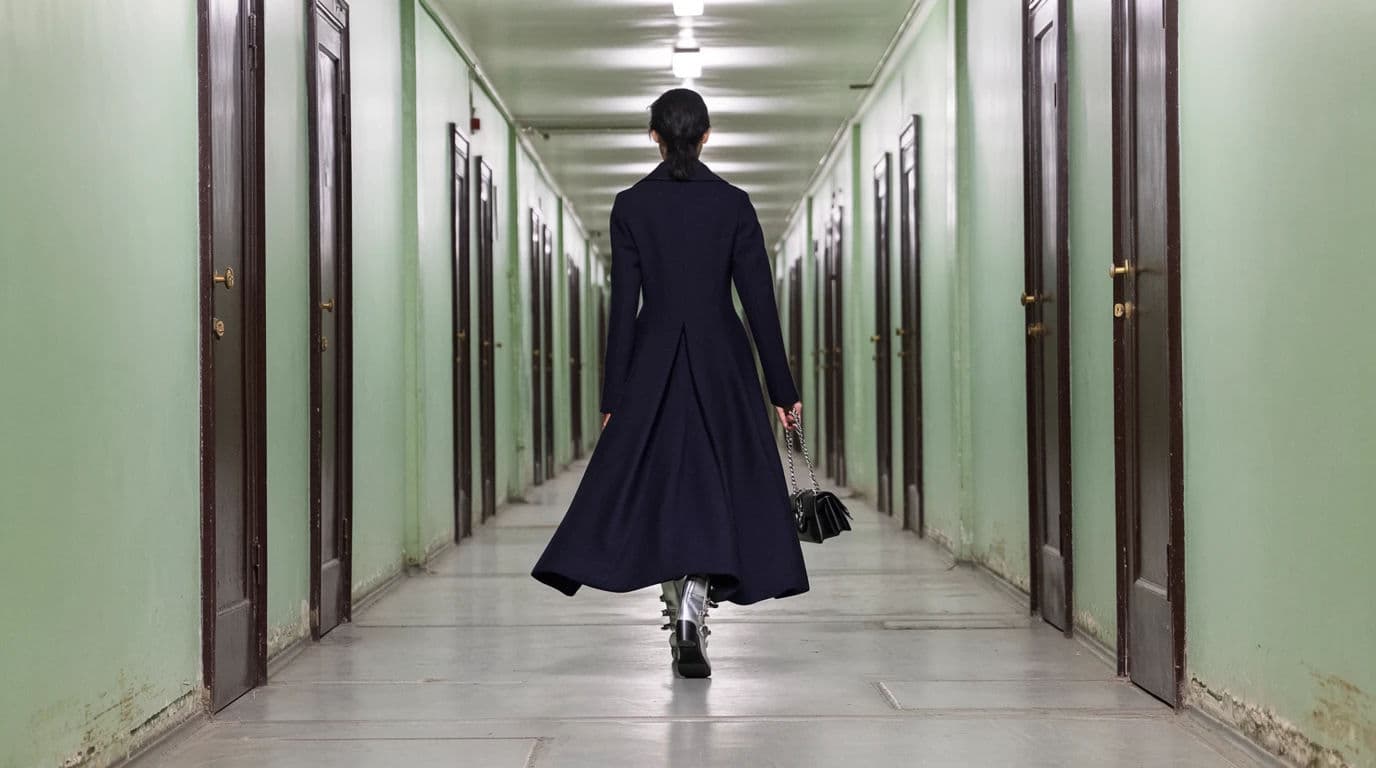 Wide fashion frame of a model walking away down an empty corridor, generated with Krea 2 Large