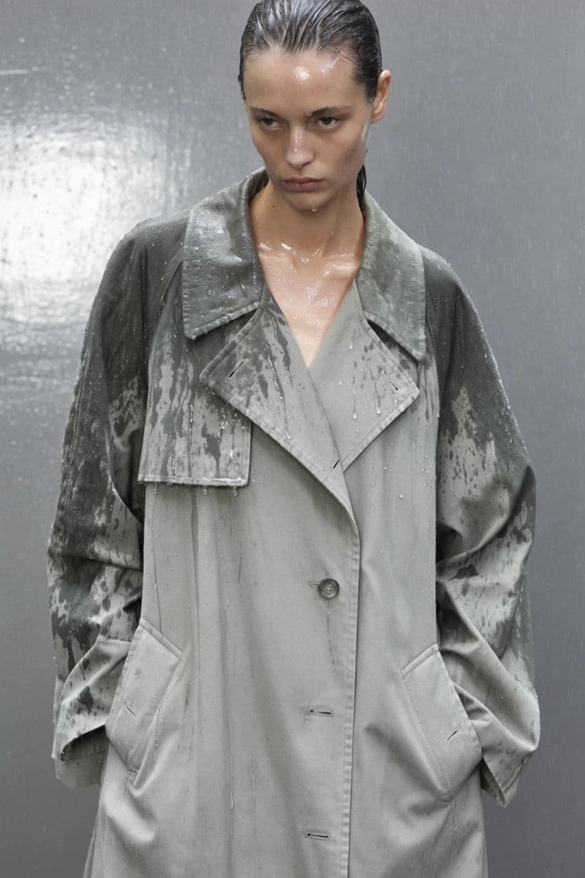 Fashion frame of a model in the rain with wet hair and clinging fabric, generated with Krea 2 Large
