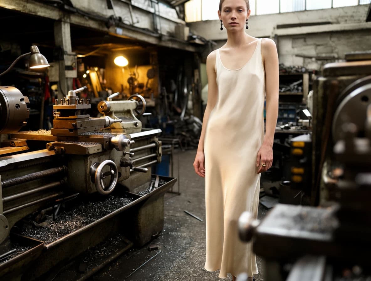 Fashion editorial frame in a workshop with the model among working equipment, generated with Krea 2 Large